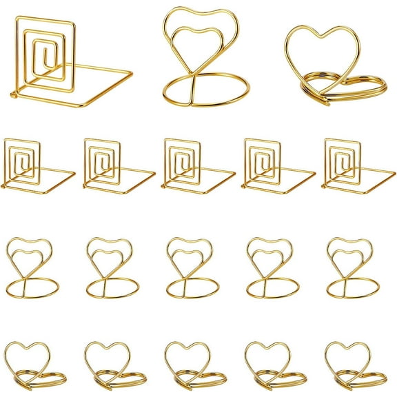 18 Pcs 3 Styles Place Card Holders Wire Table Number Holder Mini Heart Square Photo Holder for Memo Note Name Sign Wedding Party Birthday Gold