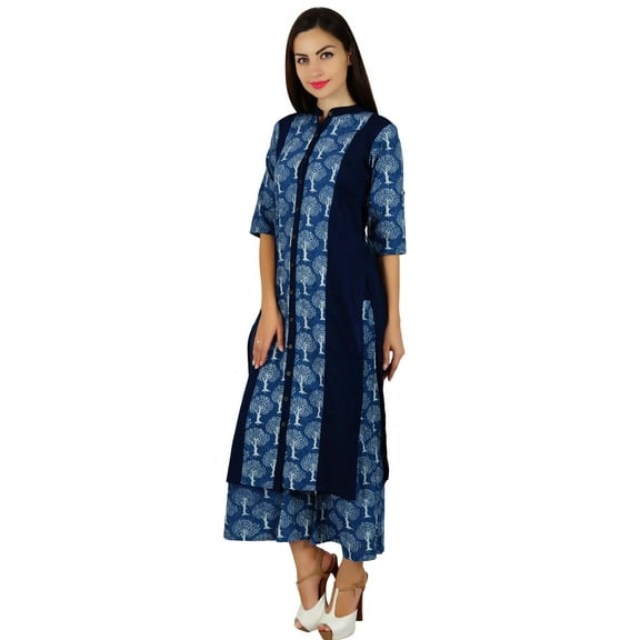 Bimba Women Button-Down Printed Kurta Blue Kurti Classic Ethnic Casual Clothing