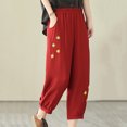 thumbnail image 5 of Wycnly Pants for Women Womens Harem Pants Vintage Cotton Linen Floral Embroidery Cropped Pants Summer Casual Elastic Waist Loose Straight Leg Crop Trousers with Pockets, 5 of 5