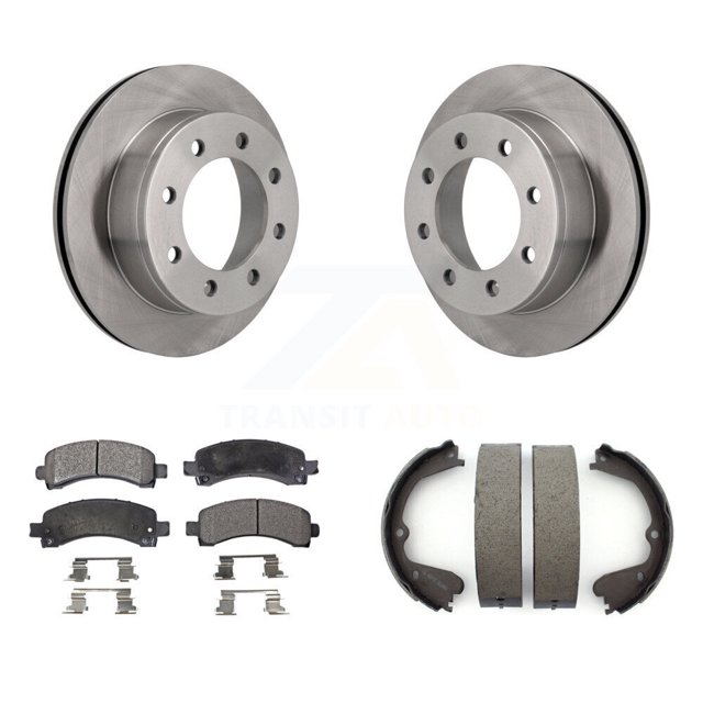 Transit Auto Rear Disc Rotors Semi-Metallic Pads and Parking Brake Shoes Kit for Car 2008-2012 GMC Savana 3500 Cutaway Van with Single Wheels 4.84" Diameter Center Hole K8F-104560