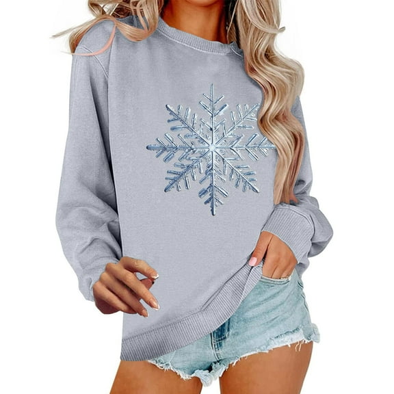 Christmas Sweatshirt for Womens Fashion Crewneck Christmas Snowflake Printed Pullover Top Winter Long Sleeve Sweaters Loose Plus Size Blouses Tops