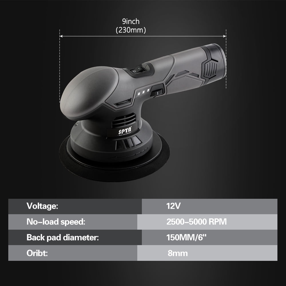 Cordless Car Buffer Polisher, SPTA Polisher with 2Pcs 12V Lithium Rechargeable Battery Brushless Polisher with Variable Speed, Portable Polisher with Polishing Pads Kit For Waxing