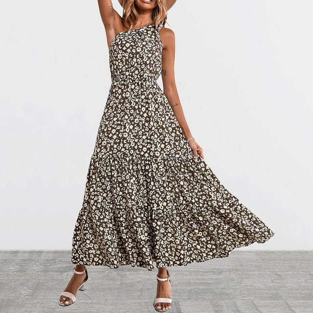Lenago Robe Maxi Grande Taille pour Femmes Mode Été Imprimé une Épaule Sans Manches à Volants Longue Robe de Plage en Solde