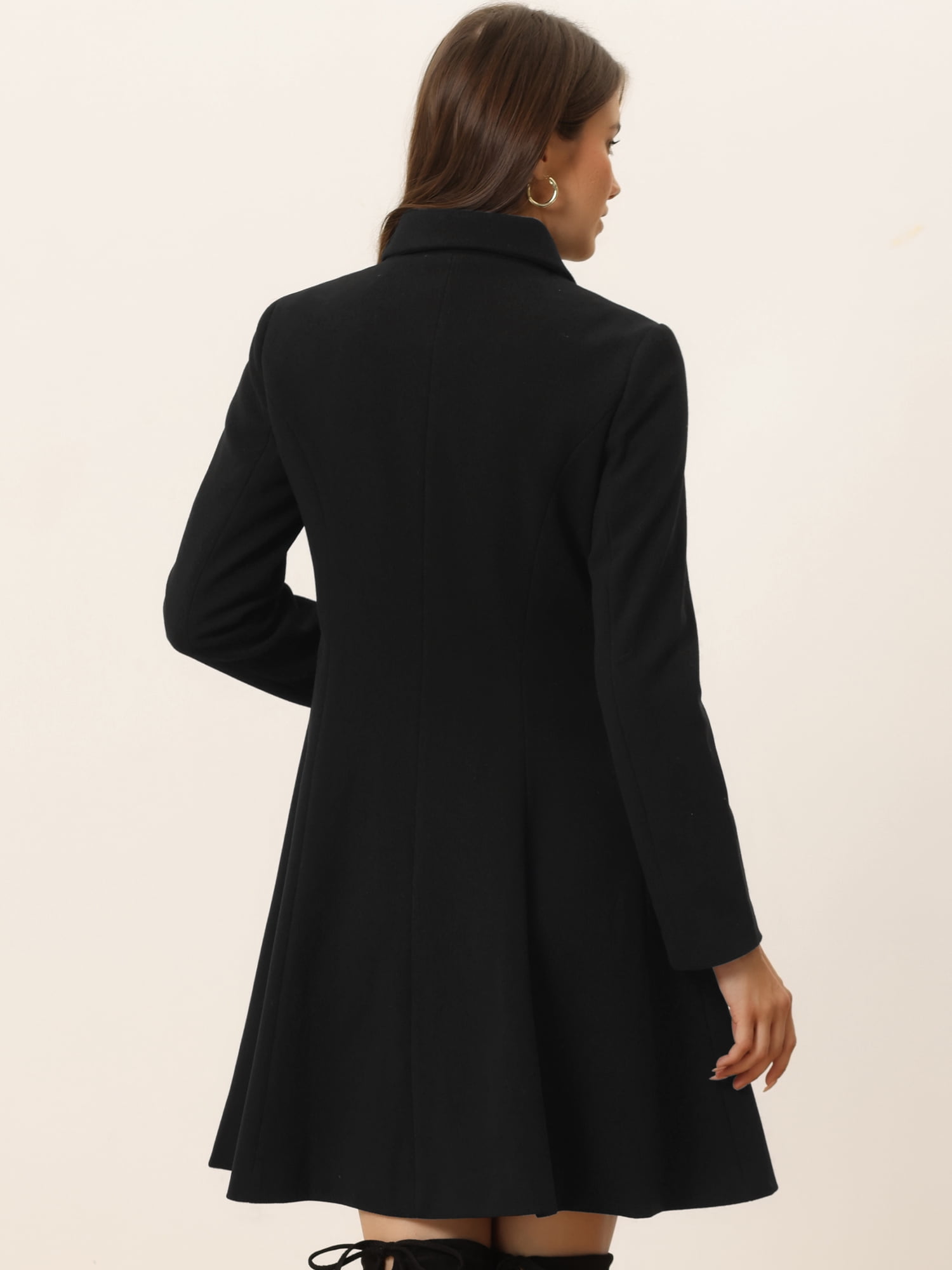 Unique Bargains Women's Single Breasted Button Velvet Contrast Collar Pea Coat XS Black