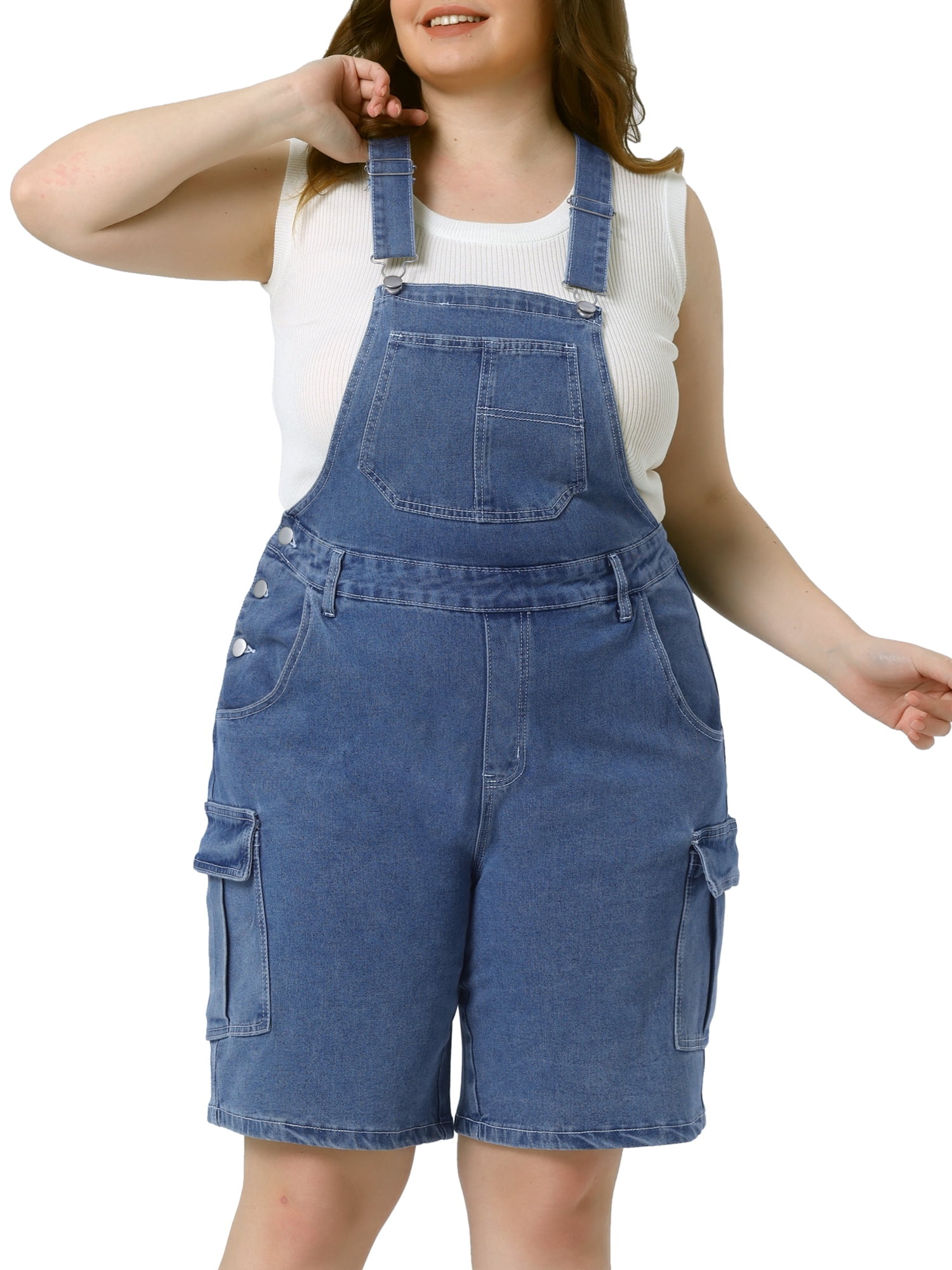 DARING DIVA Women's Plus Denim Cargo Adjustable Strap Jeans Pants 1X Gray Blue