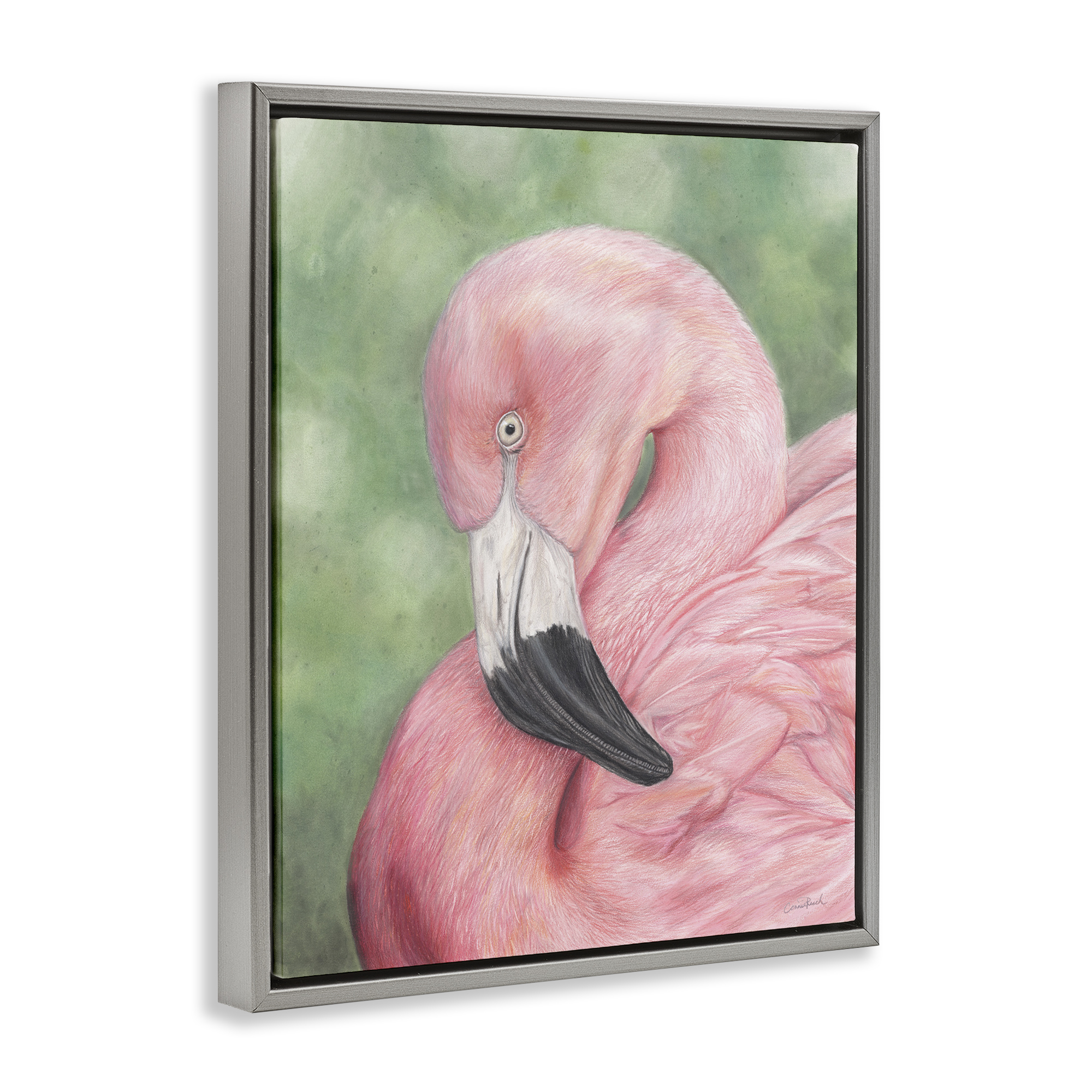 Stupell Industries Blushing Flamingo Visage Animals & Insects Painting Gray Floater Framed Canvas Art Print Wall Art, 17 x 21