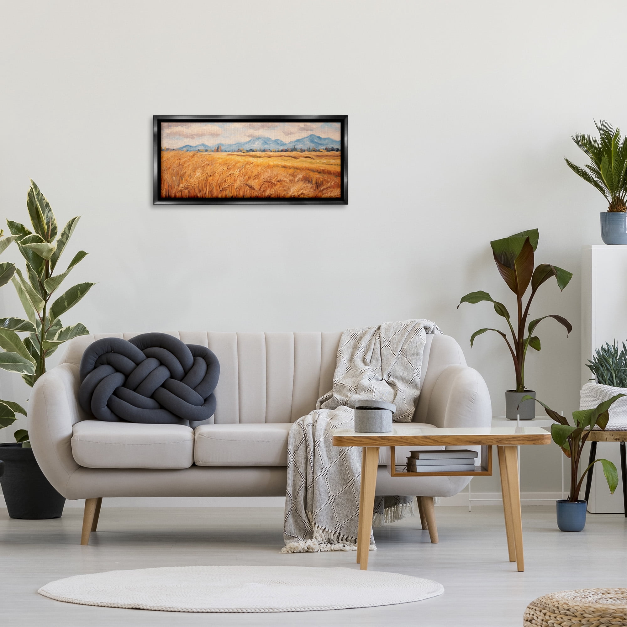 Stupell Industries Country Wheat & Mountains Landscape Painting Black Floater Framed Canvas Art Print Wall Art, 31 x 14