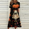 thumbnail image 3 of Women's Halloween Print Round Neck Casual Dress with Pockets Short Sleeve Loose Fit Midi Dress Plus Size for Daily Wear Autumn Outfit Black L, 3 of 6