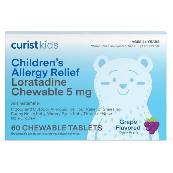 Curist Childrens Allergy Medicine Loratadine 5mg 60 Ct Chewable Tablets for Itchy Eyes and Throat