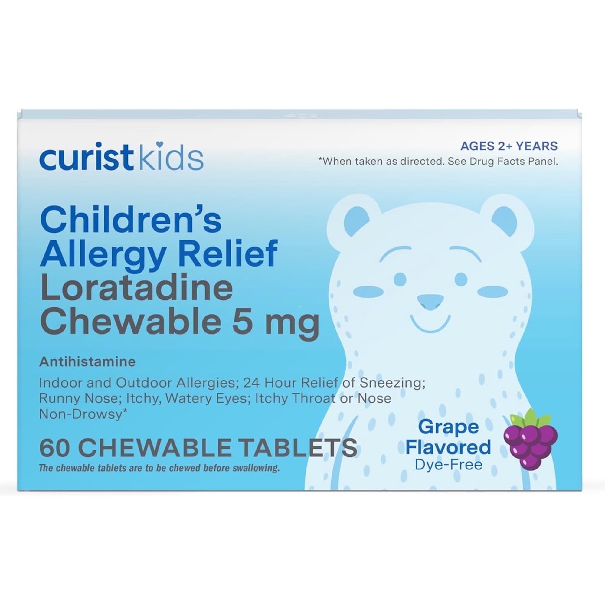 Curist Childrens Allergy Medicine Loratadine 5mg 60 Ct Chewable Tablets for Itchy Eyes and Throat