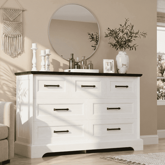 Homall Wooden 7 Drawer Dresser for Bedroom, Modern Chest of Drawers, Storage Cabinet Organizer with Metal Handles for Bedroom, Living Room and Closet, White and Black Top