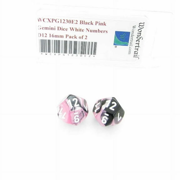 Black and Pink Gemini Dice with White Numbers D12 Aprox 16mm (5/8in) Pack of 2 Wondertrail
