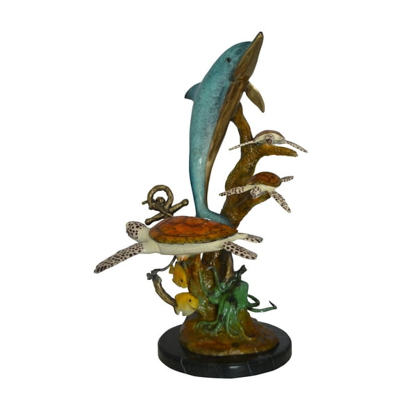 Dolphin medium with Turtles Fountain Bronze Statue -  Size: 24"L x 34"W x 36"H.