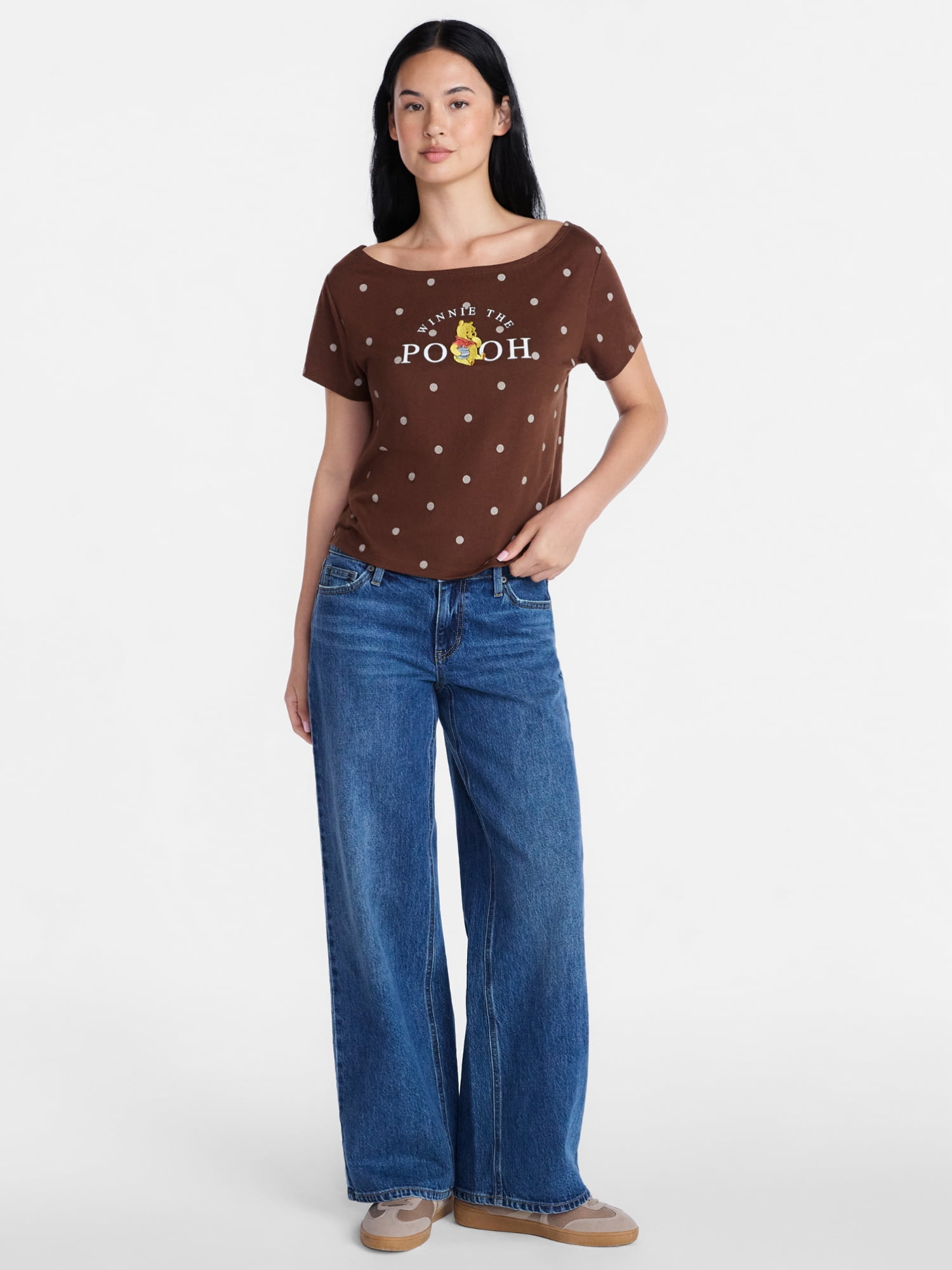 Winnie the Pooh Women's Off the Shoulder Skimmer Polka Dot Tee, Sizes XXS-XXL