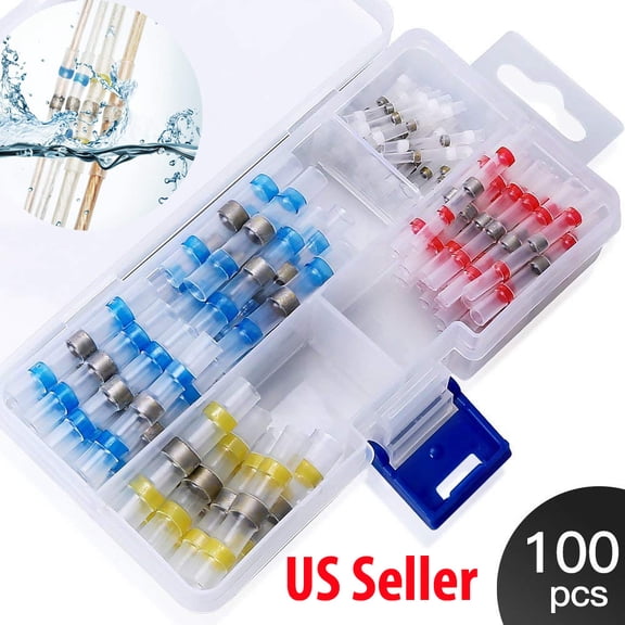 100 PCS Solder Seal Wire Connector, Heat shrink Butt Waterproof Butt Splice w/ Case   Polyolefin solder Marine Car Automotive Repair 16 24 10 18 awg
