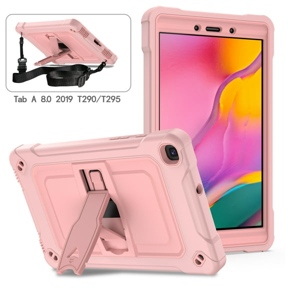 Shockproof Case for Galaxy Tab A 8.0 inch, Heavy Duty Stand Anti Scratch Drop-Proof Protection Kids Case with Hand Shoulder Strap for Galaxy Tab A 8.0 2019 Release SM-T290/T295/T297,Rosegold