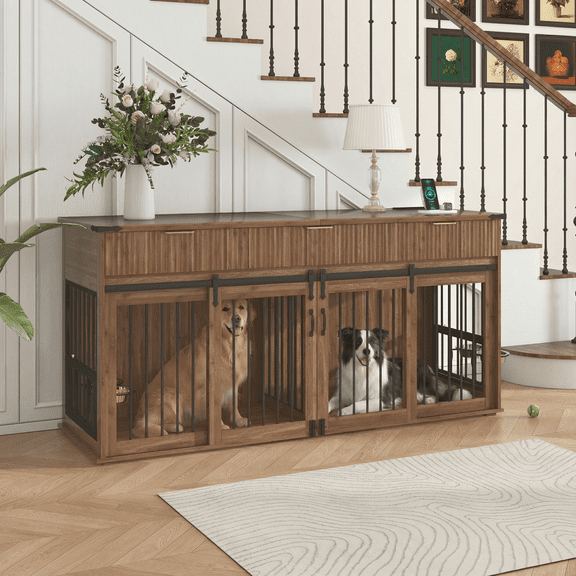 WGYPRIME 71'' Double Dog Crate Furniture, Modern Large Dog Kennel Indoor with 3 Drawers & Woodgrain Tabletop, Dog Crate Side End Table with Type-C Power Outlet & Rotating Feeders for Heavy Duty Dogs
