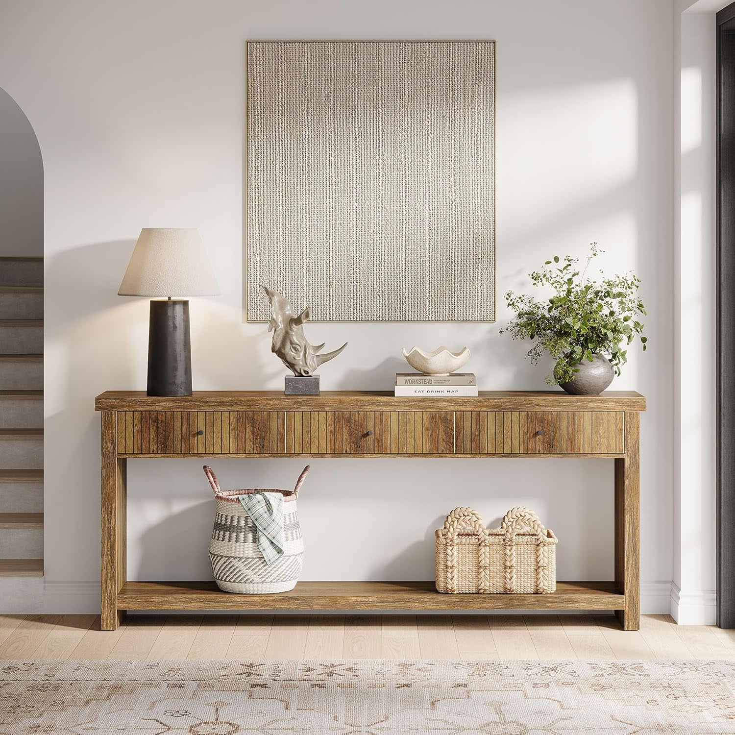 Finmind 3 Drawers Wood Console Table, 70.9 inch Entryway Table Oak Hallway Table with Open Storage Shelves for Living Room Hall Entrance, Brown