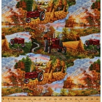 Cotton Farmall Tractors Pumpkins Fall Farm Cotton Fabric Print by the Yard (10297)