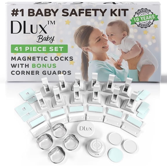 Magnetic Cabinet Locks Child Safety 41-Piece Kit with New Upgraded Adhesive [12 Magnet Locks 2 Keys 4 Corner Guards] Easy Installation No-Drill Baby Proofing Locks to Childproof Cabinets & Drawers