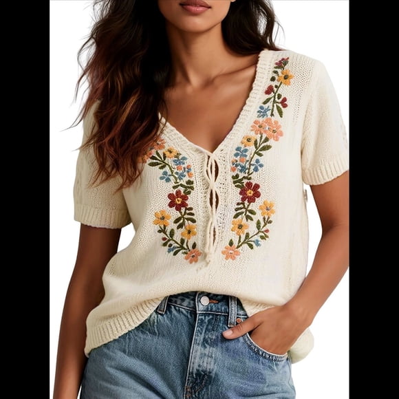 Suéter de Corta para Mujer, Estilo Retro con Bordado Floral, Blusa Campesina Cuello en V y Lazo Frontal Verano. L