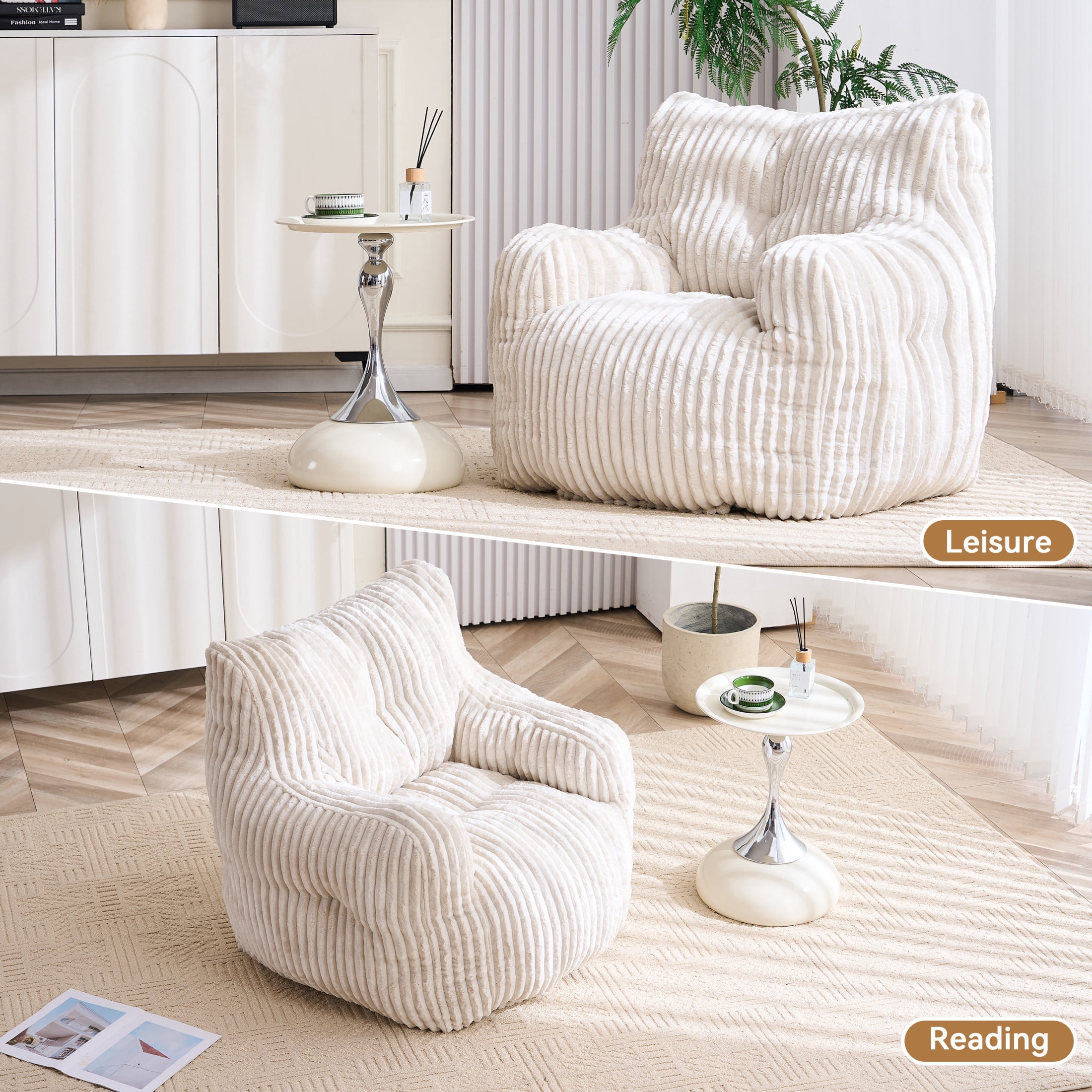 Noble House Solley 39" Fluffy Corduroy Bean Bag Chair, Memory Sponge Floor Lounger Accent Seat for Living Room, Beige