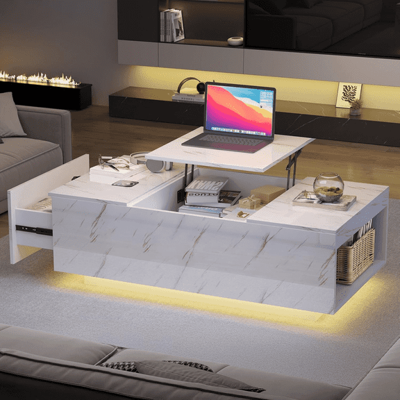 47.2" Smart Lift-Top Coffee Table with Wireless Charging, Bluetooth Speaker, Storage Drawers & Shelf - Modern Convenience for Your Living Room (White)