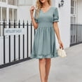 thumbnail image 4 of Lu's Chic Women's V Neck Dresses Summer Short Sleeve Sundress V Neck Ruffle High Waist Dinner A Line Blue Large, 4 of 4