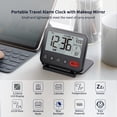 thumbnail image 2 of Reloj despertador de viaje Mini reloj digital LCD portátil con calendario retroiluminado Temperatura 12/24H Espejo de maquillaje Pequeño reloj de escritorio plegable Funciona con pilas (Negro), 2 of 5
