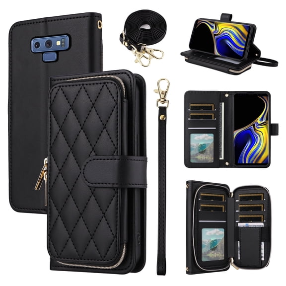 Furiet Wallet Case for Samsung Galaxy Note 9 with Detachable Wrist Strap, Crossbody Shoulder Strap, 9  Card Slots Zipper Purse, Luxury PU Leather Stand Cell Phone Cover for Note9 Not S9 Women Black