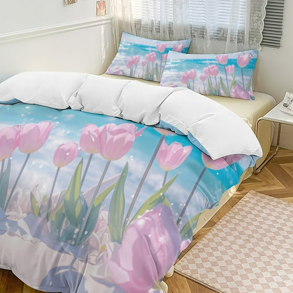 Vibe Blooming Tulips Duvet Cover Set King Size for Bedroom Decoration Print Bedding Set Comforter Cover Decorative Microfiber with 2 Pillow Sham Multicolor