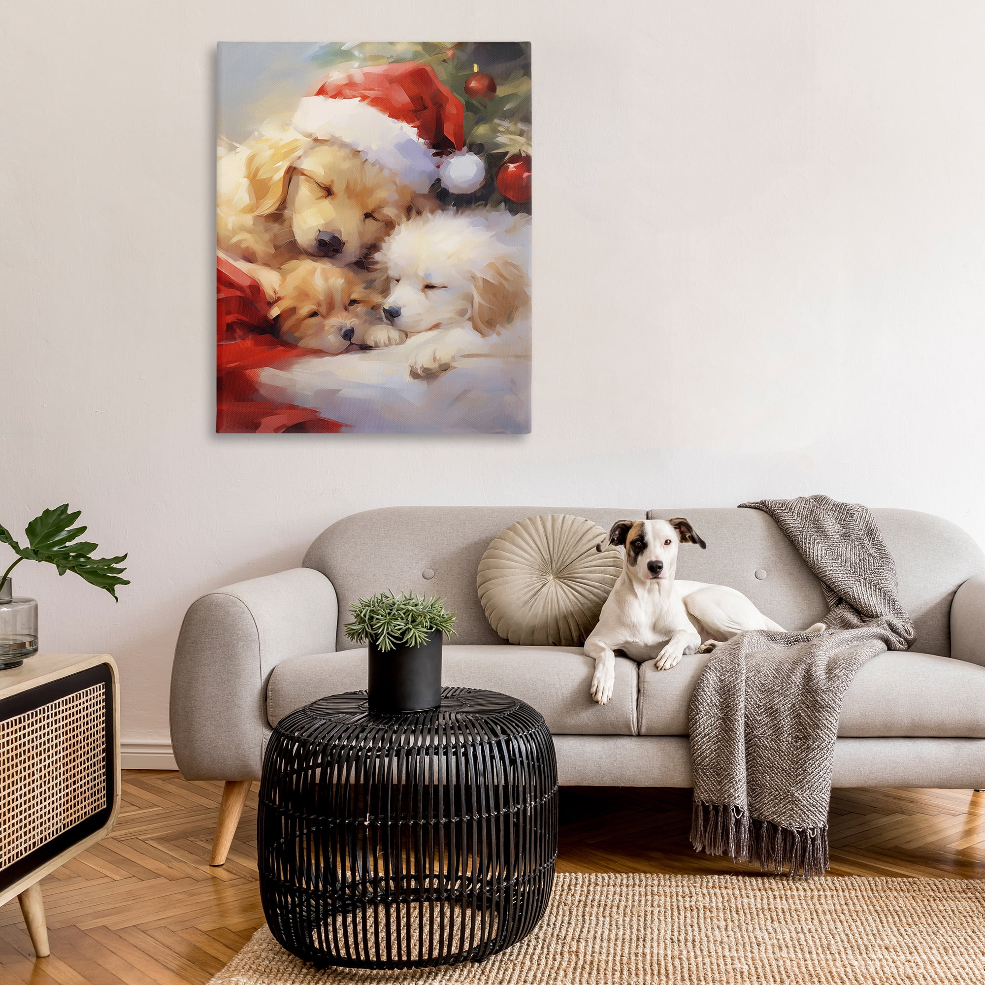 Stupell Industries Christmas Puppies by Tree Holiday Painting Gallery Wrapped Canvas Art Print Wall Art, 36 x 48