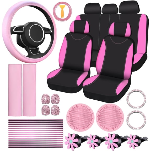 ThrottleT-46 Pcs Car Seat Cover Full Set for Women Pink Wheel Cover Seat Belt Shoulder Pads Cup Holders Bling Start Button Ring Sticker Air Vent Clip Car Vent Outlet Trim with Scraper, Pink