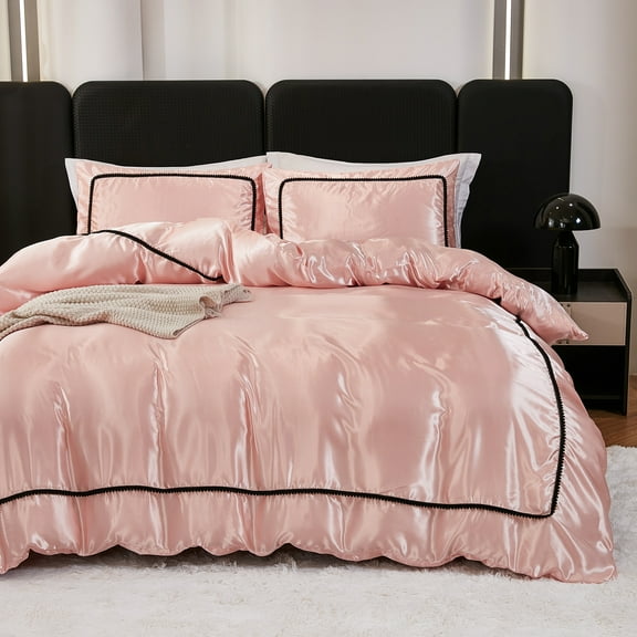 Pink Satin Comforter Set 7 Pieces Bed in a Bag Luxurious Satin Bedding Set with Comforter Pillowcases and Sheets Sets Mini Pompoms Design Super Soft Silky Bed Set for All Seasons