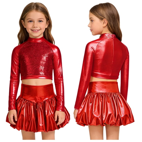Aislor Girls Shiny Metallic Long Sleeve Dance Crop Top with Bubble Skirt Set Sparkly Stage Performance Dancewear Red 8