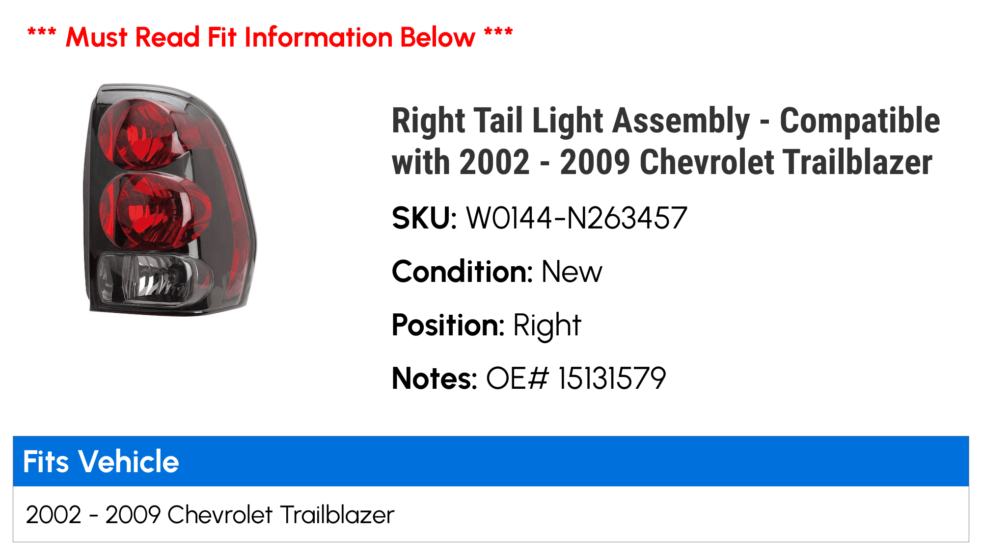 Right Passenger Side Tail Light Assembly - Compatible with 2002 - 2009 Chevy Trailblazer 2003 2004 2005 2006 2007 2008