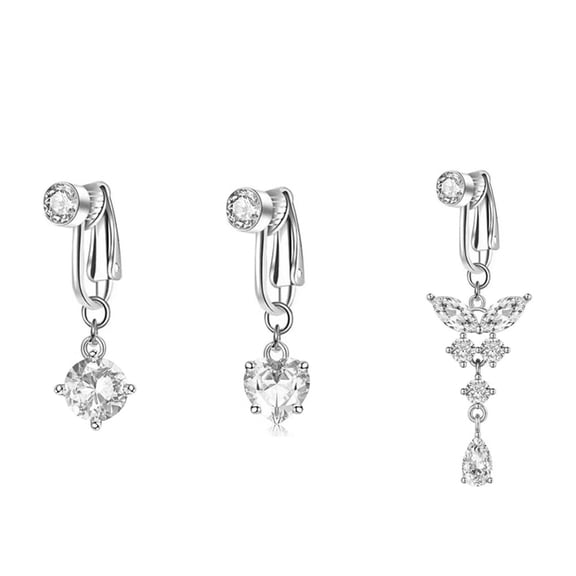Mictong clip on non perforated stainless steel fake belly button ring, women's artificial belly button perforated, silver, 3 pieces