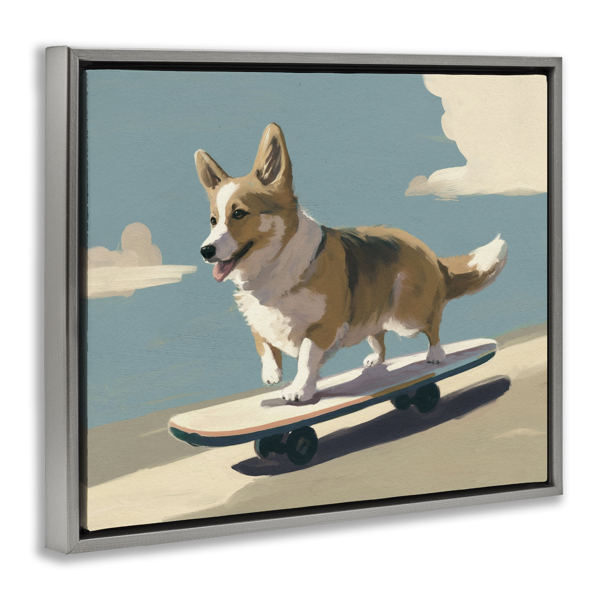 Stupell Industries Skateboarding Corgi Dog Animals Painting Gray Floater Framed Canvas Art Print Wall Art, 21 x 17
