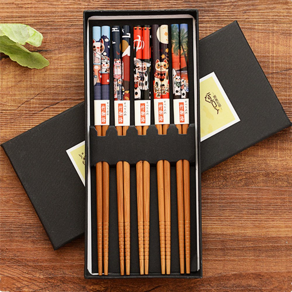 5 Pairs Japanese Lucky Cat Bamboo Chopsticks Non-Slip Kitchen Handmade