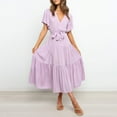 thumbnail image 5 of USSUMA Short Sleeve Summer Dresses for Women Casual Belted A Line Pleated Long Beach Party Maxi Sundresses V Neck Plus Dress Tiered Boho Solid Swing Sun Dress Wedding Guest, 5 of 8