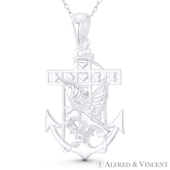 Ship's Anchor, Eagle, & Helm / Wheel 46x28mm (1.8x1.1in) Mariner's Pendant & Chain Necklace in .925 Sterling Silver
