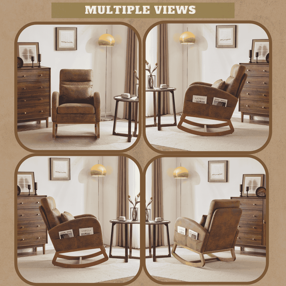 Spaco Linen Rocking Chair with Thick Headrest, Upholstered Mid-Century Modern Nursing Rocker Glider with Curved Armrest and Sturdy Solid Wood Base for Living Room, Bedroom, Baby Room, Brown