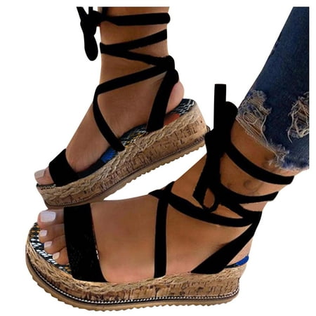 

SEMIMAY Toe Shoes Breathable Sandals Summer Women s Open Lace Up Beach Weave Wedges Women s Wedges Black