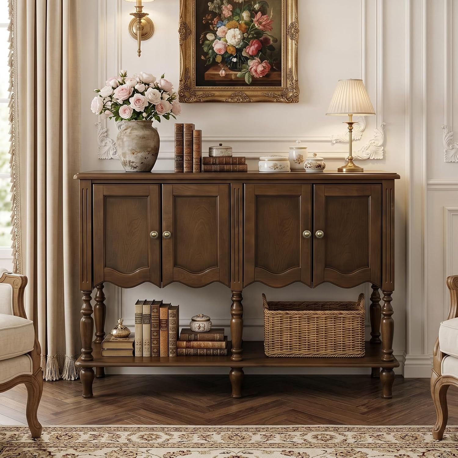 LKTART 51.2" Console Table with 4-Door Cabinet and Open Storage Shelf, Farmhouse Entryway Table with Solid Wood Veneer & Rubber Wood Leg, Sofa Table Sideboard for Hallway,Living Room,Foyer,Dark Brown
