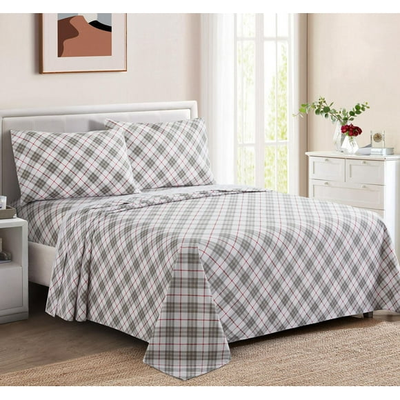 Marina Decoration Printed 600 Thread Count Soft Deep Pocket Hotel Standard Long Staple Cotton Blend Percale All Season Bedding Sheet Set, Grey White Tartan Pattern