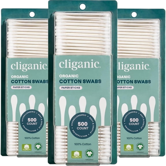 Cliganic Organic Cotton Swabs, Hypoallergenic Ear Swabs for Travel Size Toiletries, 1500 Count