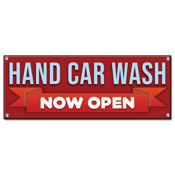 Hand Car Wash Now Open | 18" X 48" Banner | Heavy Duty 13oz. Outdoor Vinyl Single Sided With Grommets | Made in The USA