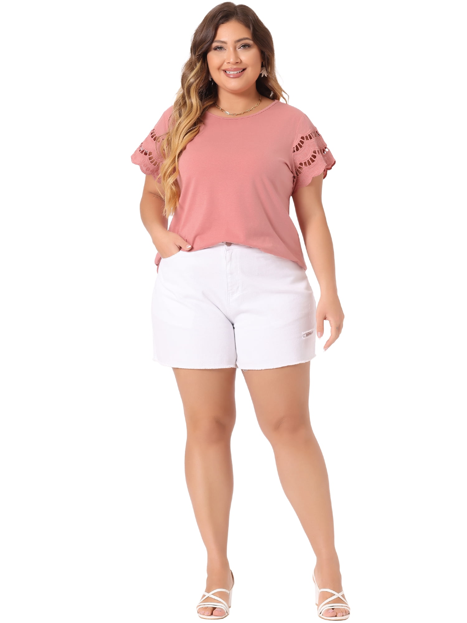 DARING DIVA Women's Plus Size Round Neck Lace Panel Blouses 2X Pink
