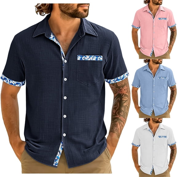 Vetsdori Short Sleeve Shirts for Men Fashion Outdoor Button up Summer Casual Pocket Collar Graphic Trendy Mens Tops