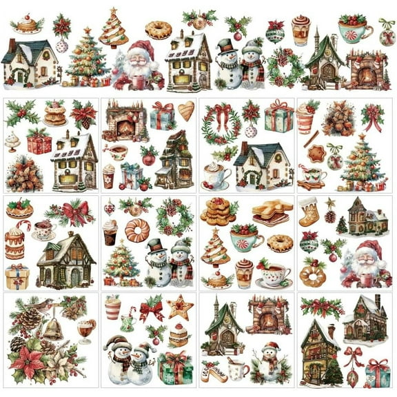 PVC 12 Sheets Christmas Theme Rub on Transfers for Crafts Christmas Tree Rub on Transfer Stickers Santa Claus Transfers Christmas House Decals for Wood Furniture DIY Home Decor 5.5x5.5 PVC